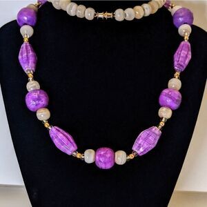 Vintage Purple And White Glass Bead Necklace